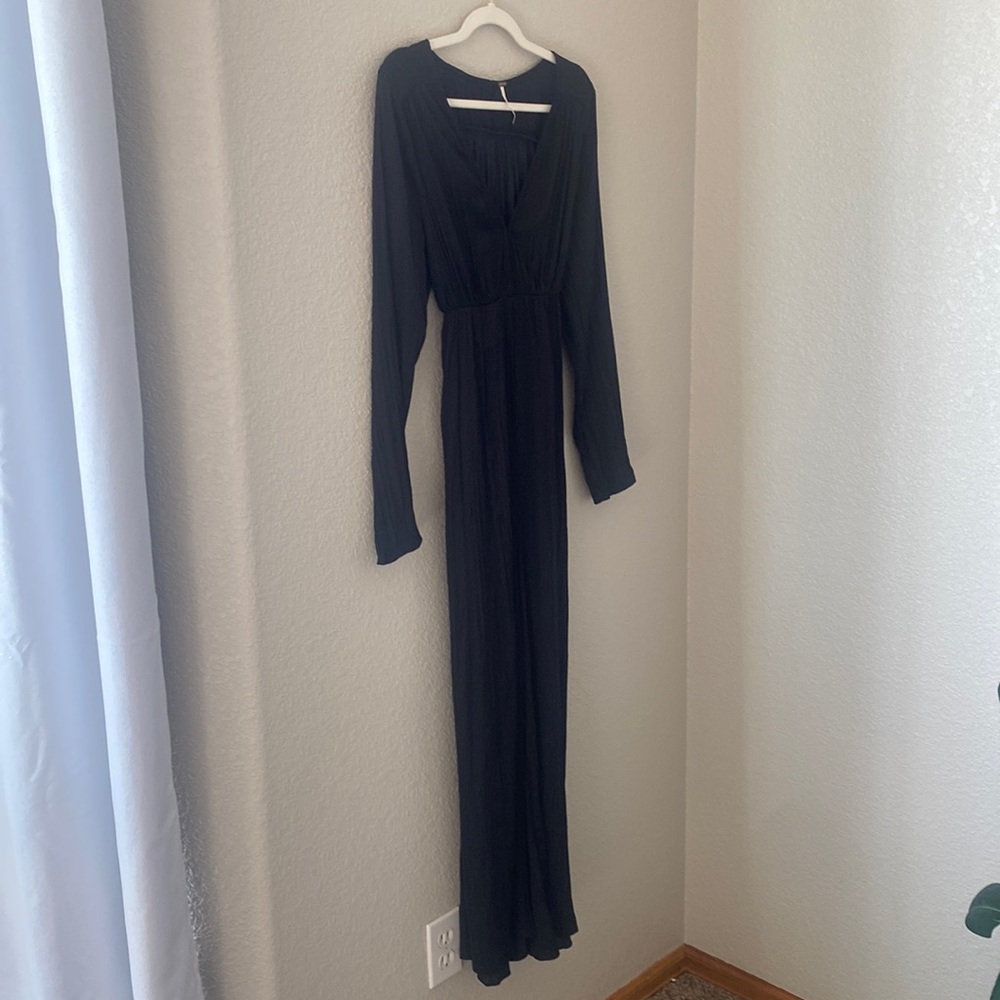 Free People Black Satin Long-Sleeve Jumpsuit